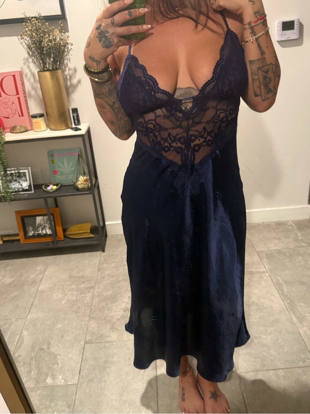 In Bloom by Jonquil Lace-Trim Satin Slip Dress in Navy/purple
